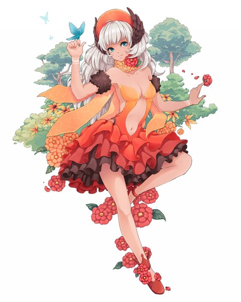 Anime picture 1000x1250 with original lockpin single long hair tall image blue eyes simple background white background white hair midriff girl dress navel flower (flowers) insect butterfly