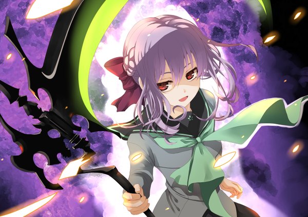Anime picture 1415x1000 with owari no seraph wit studio hiiragi shinoa kero sweet single long hair fringe open mouth smile hair between eyes red eyes standing holding payot looking away purple hair braid (braids) long sleeves from above wind