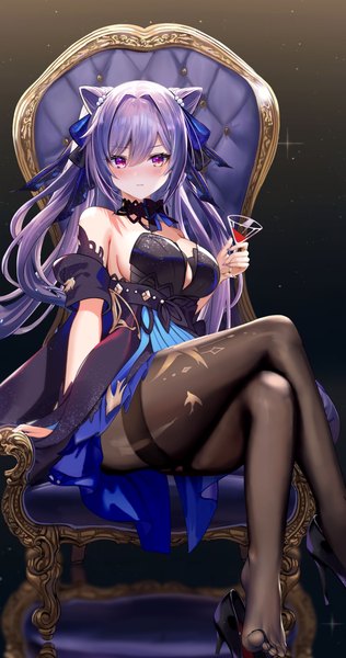Anime picture 2160x4096 with genshin impact keqing (genshin impact) keqing (opulent splendor) (genshin impact) niduannowu single long hair tall image looking at viewer blush fringe highres breasts light erotic hair between eyes large breasts sitting purple eyes twintails bare shoulders payot