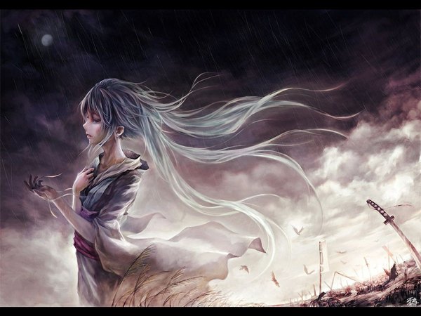 Аниме картинка 1024x768 с вокалоид хацунэ мику crowdesu один (одна) длинные волосы синие волосы облако (облака) японская одежда профиль дождь девушка оружие животное меч кимоно птица (птицы) катана луна кровь оби