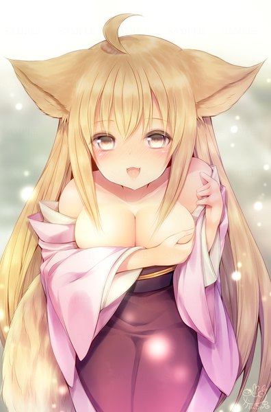 Anime picture 620x939 with konohana kitan yuzu (konohana kitan) kabocha usagi single long hair tall image looking at viewer breasts open mouth light erotic blonde hair large breasts brown eyes signed animal ears ahoge tail traditional clothes japanese clothes animal tail