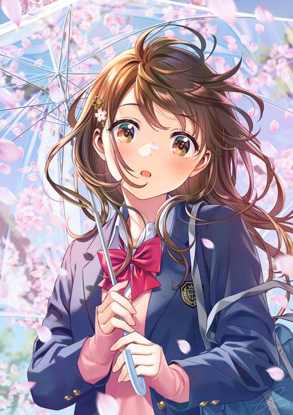 Anime picture 1158x1637 with original morikura en single long hair tall image looking at viewer blush fringe open mouth brown hair brown eyes sky upper body long sleeves head tilt wind cherry blossoms sleeves past wrists spring transparent umbrella