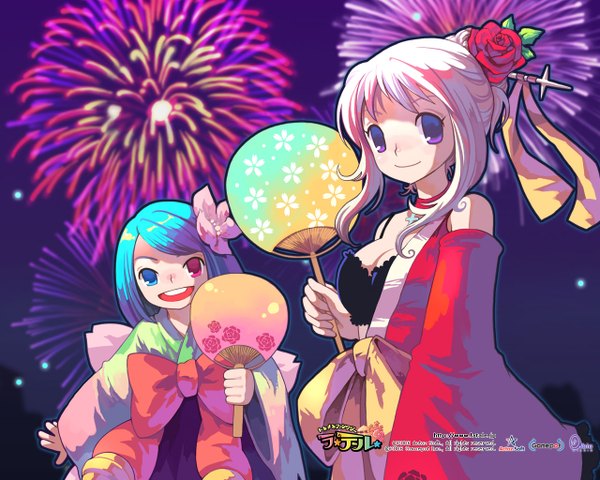 Anime picture 1280x1024 with latale iris (latale) warrior (latale) long hair short hair open mouth smile purple eyes multiple girls blue hair cleavage white hair :d hair flower official art teeth copyright name heterochromia fireworks girl