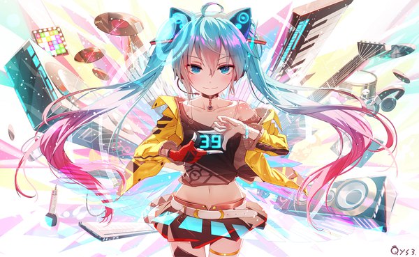 Anime picture 1869x1150 with vocaloid axent wear headphones hatsune miku qys3 single long hair looking at viewer blush fringe highres blue eyes hair between eyes wide image twintails signed animal ears pink hair ahoge light smile wind