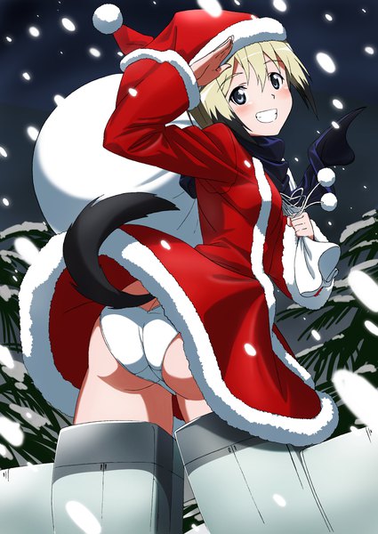 Anime picture 2898x4091 with strike witches erica hartmann pink x single tall image looking at viewer highres short hair blue eyes light erotic blonde hair smile ass tail animal tail looking back from behind grin snowing snow