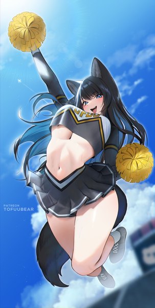 Anime picture 4400x8709 with original reiko (tofuubear) tofuubear single long hair tall image looking at viewer blush fringe highres breasts open mouth blue eyes light erotic black hair large breasts signed animal ears absurdres sky