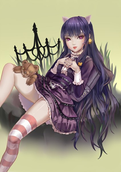 Anime picture 707x1000 with league of legends annie (league of legends) tibbers (league of legends) feng dai hr single long hair tall image looking at viewer light erotic animal ears purple hair pink eyes light smile pantyshot lolita fashion goth-loli girl thighhighs dress underwear