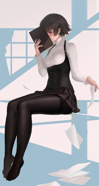 Anime-Bild 1573x2948 mit persona 5 persona niijima makoto youyi (jiam009) single tall image looking at viewer blush fringe short hair breasts light erotic hair between eyes red eyes brown hair sitting holding braid (braids) long sleeves pleated skirt