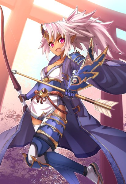 Anime picture 960x1400 with original yellowpaint. single long hair tall image blush open mouth pink hair pink eyes horn (horns) pointy ears dark skin girl thighhighs gloves weapon armor spaulder (spaulders) bow (weapon) arrow (arrows)