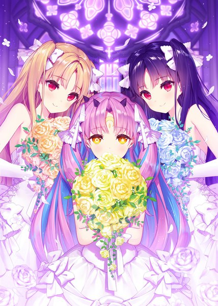 Anime picture 1000x1403 with fate (series) fate/grand order comiket 97 ishtar (fate) ereshkigal (fate) space ishtar (fate) patori long hair tall image looking at viewer black hair blonde hair smile red eyes multiple girls yellow eyes purple hair multicolored hair horn (horns) two-tone hair