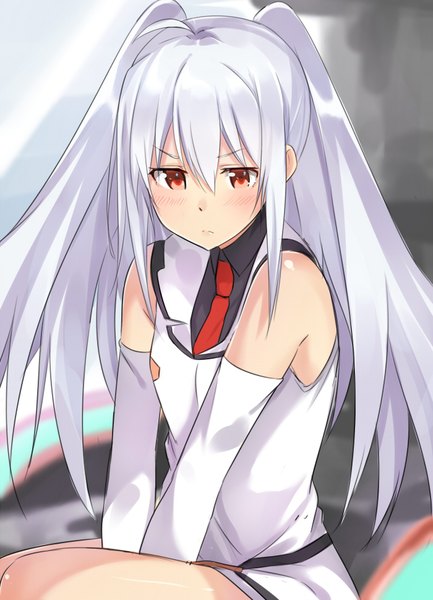 Anime picture 700x970 with plastic memories isla (plastic memories) isshiki (ffmania7) single long hair tall image blush fringe hair between eyes red eyes sitting twintails bare shoulders payot silver hair ahoge head tilt looking down frown girl