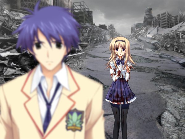 Anime picture 1280x960 with chaos;head nishijou nanami nishijou takumi long hair short hair blonde hair skirt serafuku blood