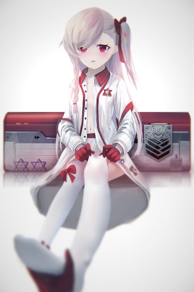 Anime picture 2327x3508 with girls frontline negev (girls' frontline) mienthoa single long hair tall image blush fringe highres light erotic simple background sitting holding looking away full body braid (braids) long sleeves parted lips pink eyes grey hair