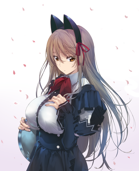 Anime picture 1100x1349 with original zen99 single long hair tall image looking at viewer breasts light erotic simple background brown hair large breasts white background brown eyes animal ears cat ears fake animal ears girl dress ribbon (ribbons) petals