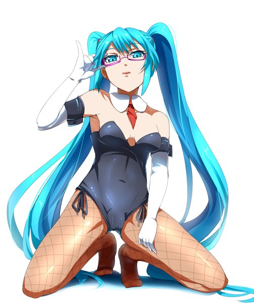 Anime picture 1303x1556 with vocaloid hatsune miku umakatsuhai single tall image light erotic simple background white background twintails very long hair aqua eyes aqua hair no shoes girl gloves pantyhose glasses elbow gloves suit fishnet pantyhose