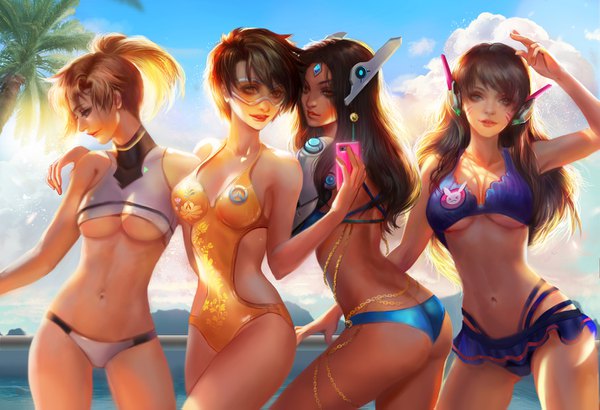 Anime picture 1425x975 with overwatch blizzard entertainment d.va (overwatch) mercy (overwatch) tracer (overwatch) symmetra (overwatch) jiuge long hair looking at viewer fringe short hair breasts light erotic black hair blonde hair brown hair large breasts standing bare shoulders multiple girls