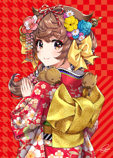 Anime picture 777x1087 with original morikura en single long hair tall image looking at viewer blush fringe simple background smile brown hair standing brown eyes signed traditional clothes japanese clothes looking back hair flower floral print red background