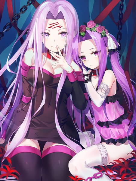 Anime picture 900x1195 with fate (series) fate/grand order fate/stay night rider medusa (lancer) (fate) emyo long hair tall image looking at viewer blush breasts light erotic smile large breasts sitting purple eyes twintails bare shoulders multiple girls payot