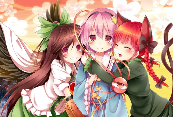 Anime picture 2221x1500 with touhou komeiji satori reiuji utsuho kaenbyou rin chikuwa savi long hair looking at viewer blush fringe highres short hair open mouth smile hair between eyes red eyes brown hair multiple girls animal ears payot pink hair