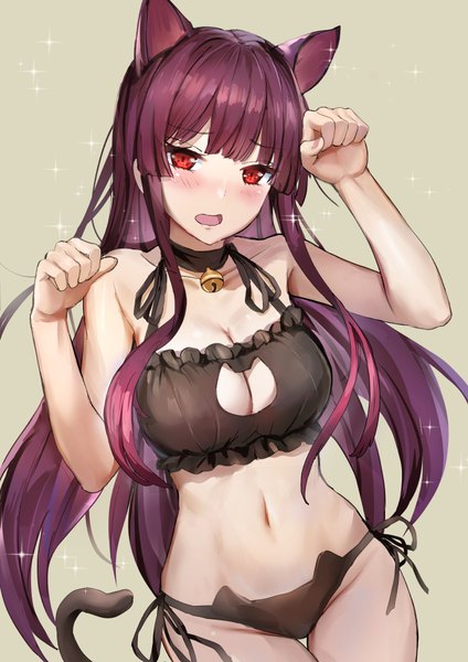 Anime picture 707x1000 with girls frontline wa2000 (girls frontline) qian wu atai single long hair tall image looking at viewer blush fringe breasts open mouth light erotic simple background red eyes large breasts standing bare shoulders animal ears cleavage purple hair