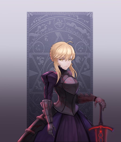 Anime picture 4891x5708 with fate (series) fate/stay night artoria pendragon (all) saber alter nayamer single tall image looking at viewer fringe highres short hair breasts blonde hair hair between eyes standing yellow eyes absurdres ahoge braid (braids) grey background
