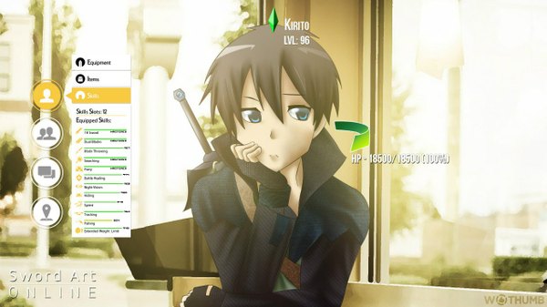 Anime picture 1280x720 with sword art online a-1 pictures kirigaya kazuto single fringe short hair black hair wide image inscription character names boy weapon sword fingerless gloves cloak