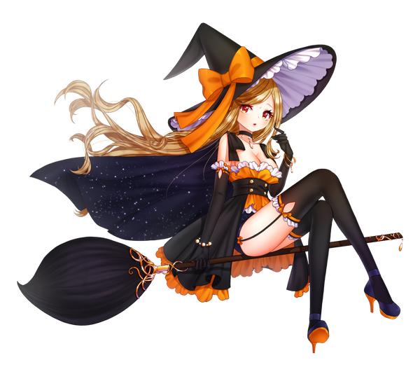 Anime picture 1000x907 with original ming (applem7) single long hair looking at viewer light erotic blonde hair red eyes full body crossed legs halloween transparent background witch starry sky print girl thighhighs dress gloves bow black thighhighs