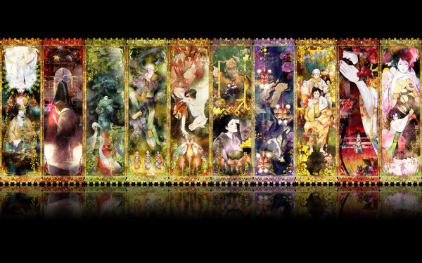 Anime picture 1920x1200 with yuu (arcadia) highres wide image japanese clothes wallpaper reflection music flower (flowers) animal food kimono bandage (bandages) clock musical instrument child (children)