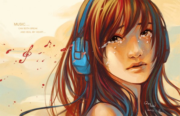 Anime picture 1400x900 with qinni (artist) single long hair looking at viewer brown hair brown eyes realistic wallpaper tears crying sad music girl headphones