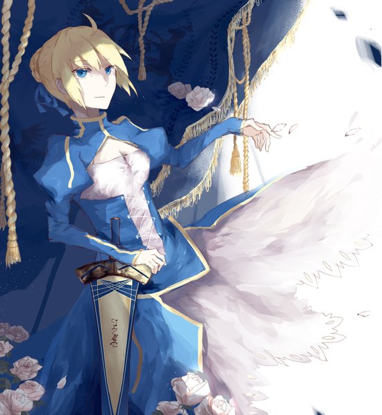 Anime picture 1692x1836 with fate (series) fate/stay night fate/zero studio deen type-moon artoria pendragon (all) saber mchi (artist) single tall image fringe blue eyes blonde hair smile looking away girl dress flower (flowers) ribbon (ribbons) weapon