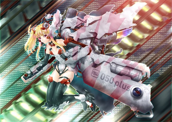 Anime picture 1800x1273 with original pandaraion (kanikani2950) single long hair highres light erotic blonde hair bare shoulders pink eyes flat chest mechanical girl thighhighs weapon black thighhighs