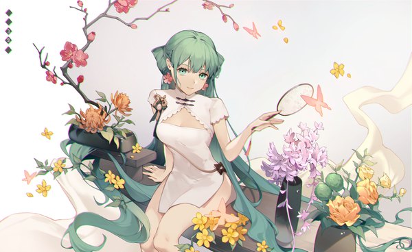 Anime picture 6120x3756 with vocaloid hatsune miku shaohua hatsune miku eminya 27 single looking at viewer highres smile wide image sitting green eyes absurdres very long hair traditional clothes green hair from above chinese clothes side slit cleavage cutout plum blossoms