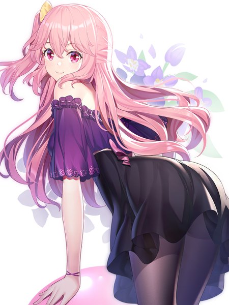 Anime picture 901x1200 with original emily stock ririko (zhuoyandesailaer) single long hair tall image looking at viewer blush fringe light erotic simple background smile hair between eyes red eyes pink hair pink eyes looking back off shoulder arm support leaning