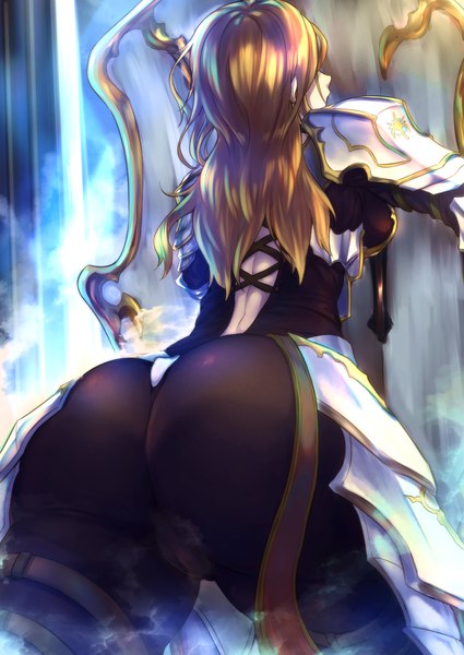 Anime picture 1417x2000 with tales of (series) tales of arise kisara (tales) karei (zeroseed) single long hair tall image breasts light erotic brown hair standing ass from behind from below pov ass girl armor spaulder (spaulders) shield