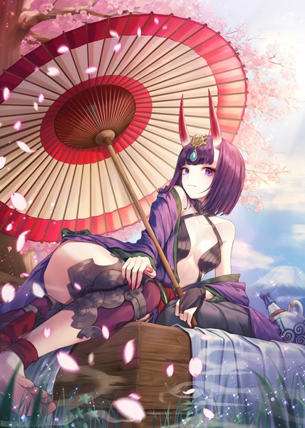 Anime picture 1500x2100 with fate (series) fate/grand order shuten douji (fate) kone (zhsiddl010) single tall image looking at viewer fringe short hair light erotic purple eyes bare shoulders purple hair outdoors blunt bangs nail polish traditional clothes japanese clothes barefoot horn (horns)