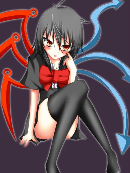 Anime picture 1500x2000 with touhou houjuu nue suterii tall image blush short hair black hair simple background red eyes girl thighhighs bow black thighhighs wings tongue directional arrow