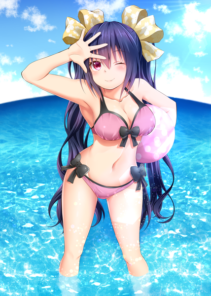 Anime picture 1500x2100 with choujigen game neptune noire oekakizuki single long hair tall image looking at viewer blush breasts light erotic smile red eyes blue hair one eye closed wink girl navel bow ribbon (ribbons) swimsuit