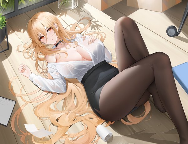 Anime picture 6718x5154 with azur lane implacable (azur lane) implacable (shepherd of the "lost") (azur lane) qing wu single looking at viewer fringe highres breasts light erotic blonde hair hair between eyes red eyes large breasts payot absurdres cleavage bent knee (knees) indoors lying