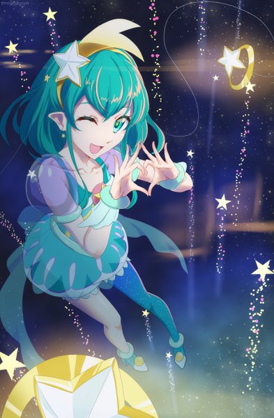 Anime picture 1648x2512 with precure star twinkle precure toei animation hagoromo lala cure milky murayuki1404 single long hair tall image looking at viewer fringe open mouth smile hair between eyes payot full body one eye closed aqua eyes from above wink