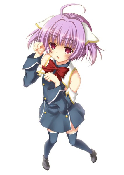 Anime picture 708x1000 with quiz magic academy myu (quiz magic academy) doubutsuen (artist) single tall image blush short hair open mouth purple eyes bare shoulders purple hair two side up girl thighhighs ribbon (ribbons) black thighhighs hair ribbon school uniform detached sleeves