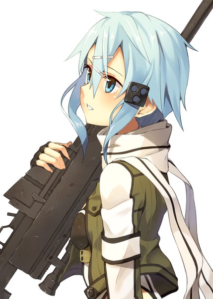 Anime picture 1500x2099 with sword art online a-1 pictures asada shino kinta (distortion) single tall image short hair blue eyes white background blue hair looking away girl gloves weapon scarf fingerless gloves gun sniper rifle
