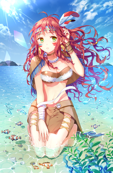 Anime picture 530x810 with original pinb single long hair tall image looking at viewer fringe breasts large breasts sitting green eyes yellow eyes sky cleavage cloud (clouds) ahoge bent knee (knees) red hair parted lips wind