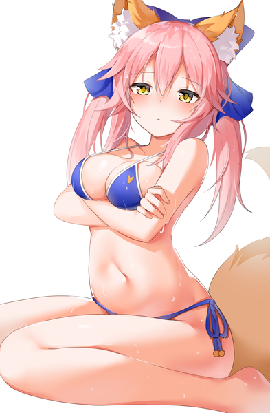 Anime picture 964x1470 with fate (series) fate/grand order tamamo (fate) (all) tamamo no mae (swimsuit lancer) (fate) copiz single long hair tall image looking at viewer blush fringe breasts light erotic simple background hair between eyes large breasts white background sitting twintails bare shoulders