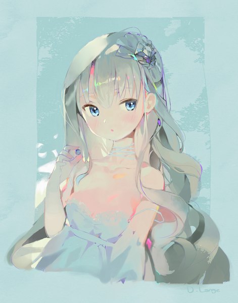 Anime picture 850x1081 with original crab d single long hair tall image blush fringe blue eyes light erotic holding signed looking away upper body parted lips grey hair :o sleeveless strap slip girl dress