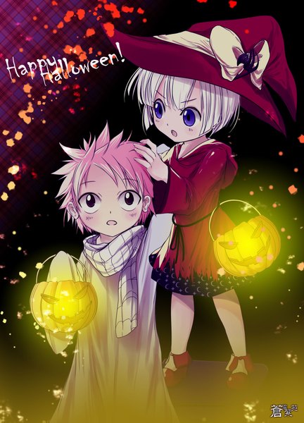Anime picture 1344x1867 with fairy tail natsu dragneel lisanna strauss achiba (artist) tall image blush short hair open mouth simple background purple eyes brown eyes pink hair white hair inscription loli light halloween happy halloween girl dress