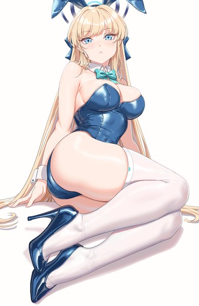 Anime picture 1100x1688 with blue archive toki (blue archive) toki (bunny) (blue archive) fangxiang cuoluan single long hair tall image looking at viewer blush fringe breasts blue eyes light erotic simple background blonde hair large breasts white background sitting bare shoulders animal ears