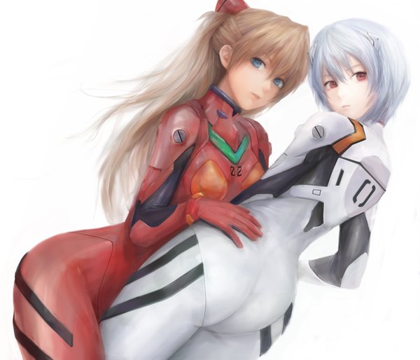 Anime picture 1400x1201 with neon genesis evangelion rebuild of evangelion evangelion: 2.0 you can (not) advance gainax soryu asuka langley ayanami rei moekyon misshu long hair highres short hair blue eyes light erotic simple background red eyes brown hair white background multiple girls blue hair purple hair