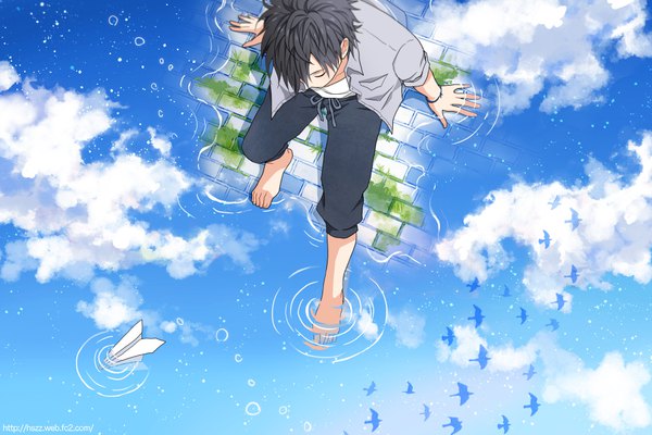 Anime picture 975x650 with original hishi single fringe short hair black hair hair between eyes sitting signed sky cloud (clouds) full body bent knee (knees) barefoot from above arm support open shirt looking down reflection soaking feet