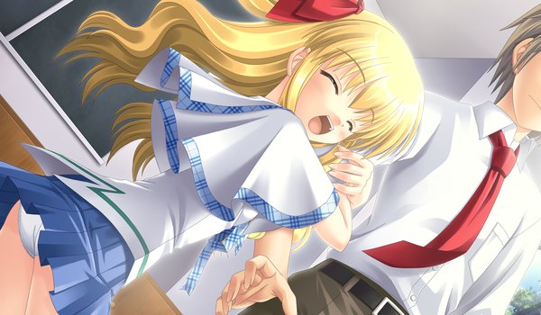 Anime picture 1344x784 with sin kuro to kiiro no shoujo claire long hair open mouth light erotic blonde hair wide image game cg eyes closed girl skirt underwear panties miniskirt