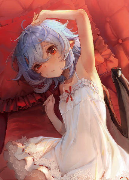 Anime picture 929x1300 with touhou remilia scarlet eho (icbm) single tall image looking at viewer blush fringe short hair light erotic hair between eyes red eyes bare shoulders blue hair ahoge lying nail polish arm up fingernails from above